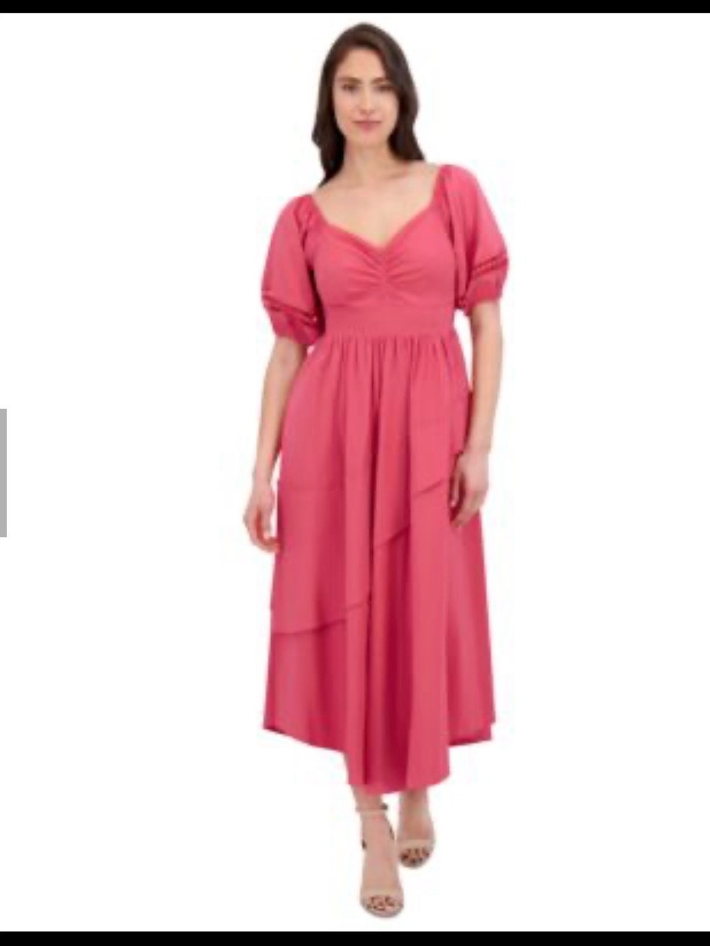 Puff-Sleeve Ruched Midi Dress in Rose Pink